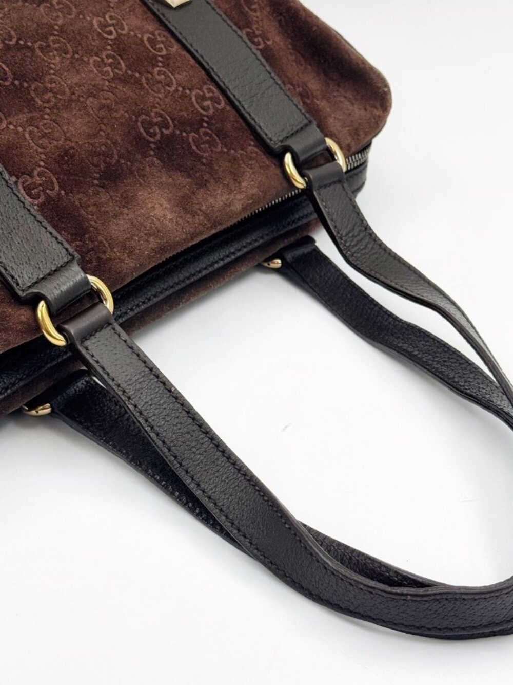 Gucci Vintage GG Monogram Suede Boston Shoulder Bag Brown Leather - Picture 9 of 13
